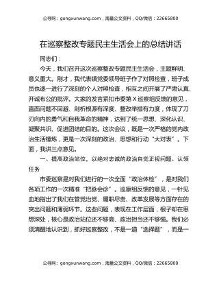 在巡察整改专题民主生活会上的总结讲话（2）