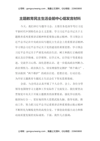 主题教育民主生活会前中心组发言材料