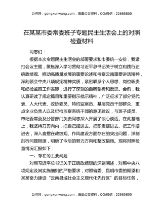 在某某市委常委班子专题民主生活会上的对照检查材料