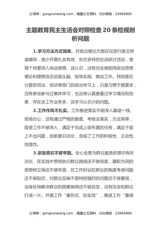 主题教育民主生活会对照检查20条检视剖析问题
