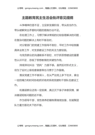 主题教育民主生活会批评意见提纲
