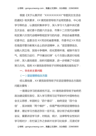 乡镇专题民主生活会班子对照检查材料