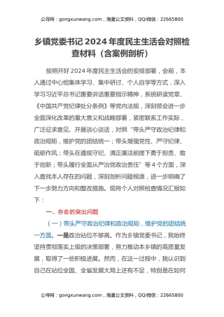 乡镇党委书记2024年度民主生活会对照检查材料（含案例剖析）