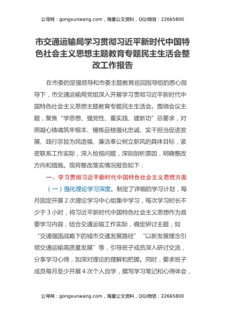 市交通运输局学习贯彻习近平新时代中国特色社会主义思想主题教育专题民主生活会整改工作报告