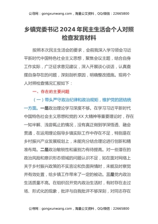 乡镇党委书记2024年民主生活会个人对照检查发言材料（四个带头+典型案例+个人事项）
