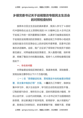 乡镇党委书记关于巡视整改专题民主生活会的对照检查材料 (2)