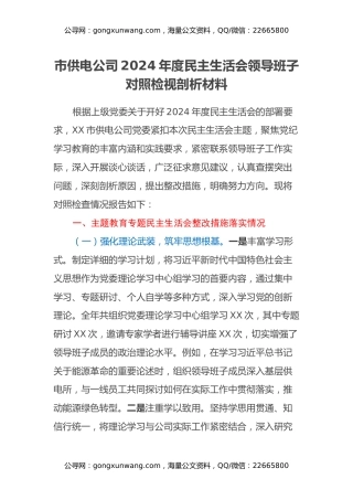 市供电公司2024年度民主生活会领导班子对照检视剖析材料（主题教育整改措施落实情况+四个带头+典型案例举一反三进行剖析）