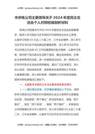 市供电公司主要领导关于2024年度民主生活会个人对照检视剖析材料（主题教育整改措施落实情况+四个带头+典型案例举一反三进行剖析）
