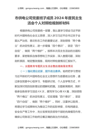 市供电公司党委班子成员2024年度民主生活会个人对照检视剖析材料（主题教育整改措施落实情况+四个带头+以案为鉴反思，深刻汲取教训）