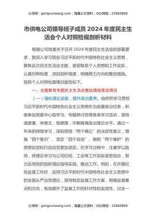 市供电公司领导班子成员2024年度民主生活会个人对照检视剖析材料（主题教育整改措施落实情况+四个带头+典型案例举一反三进行剖析）