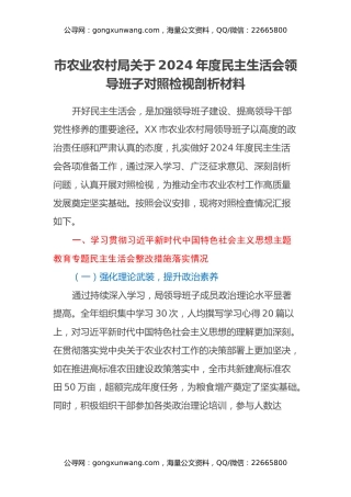 市农业农村局关于2024年度民主生活会领导班子对照检视剖析材料（主题教育整改措施落实情况+四个带头+典型案例剖析，反思差距不足）