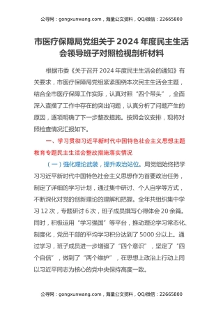 市医疗保障局党组关于2024年度民主生活会领导班子对照检视剖析材料
