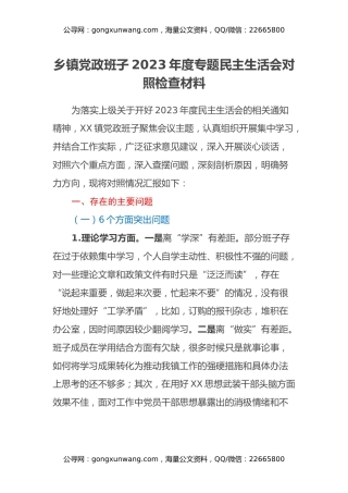 乡镇党政班子2023年度专题民主生活会对照检查材料