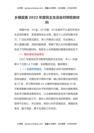 乡镇宣委2022年度民主生活会对照检查材料