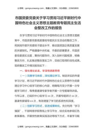 市国资委党委关于学习贯彻习近平新时代中国特色社会主义思想主题教育专题民主生活会整改工作的报告