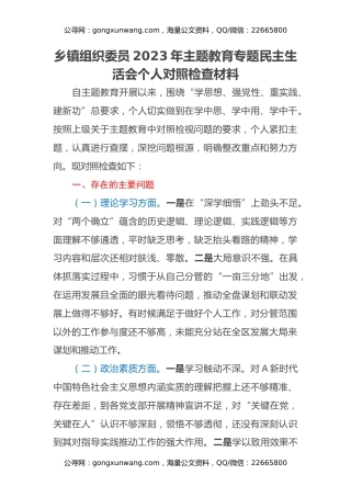 乡镇组织委员2023年主题教育专题民主生活会个人对照检查材料