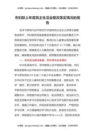 市妇联上年度民主生活会整改落实情况的报告