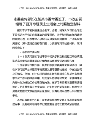 市委宣传部长在某某市委常委班子、市政府党组班子召开专题民主生活会上对照检查材料