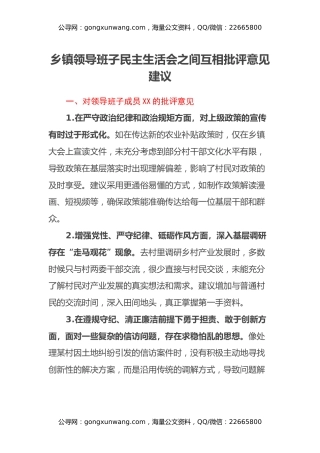 乡镇领导班子民主生活会之间互相批评意见建议