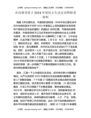市局领导班子2024年度民主生活会对照检查材料