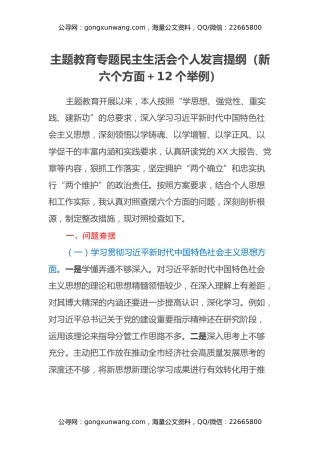 书记主题教育专题民主生活会个人发言提纲（新六个方面+12个举例）