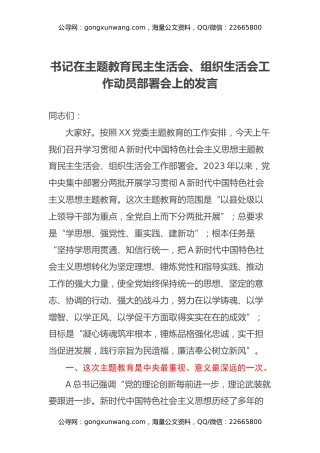 书记在主题教育民主生活会、组织生活会工作动员部署会上的发言