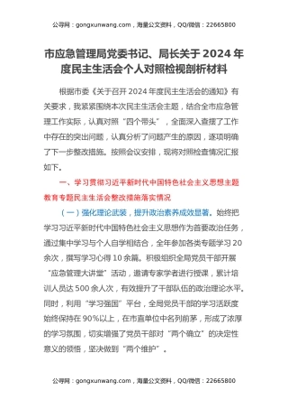 市应急管理局党委书记、局长关于2024年度民主生活会个人对照检视剖析材料