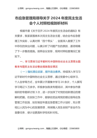 市应急管理局领导关于2024年度民主生活会个人对照检视剖析材料（主题教育整改措施落实情况+四个带头+典型案例举一反三剖析）