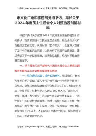 市文化广电和旅游局党组书记、局长关于2024年度民主生活会个人对照检视剖析材料