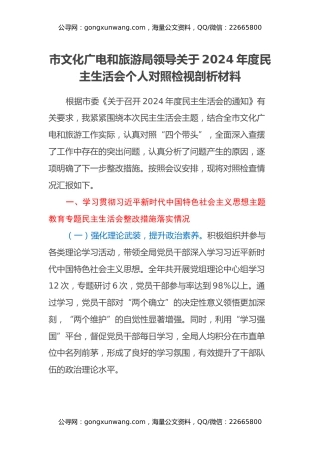 市文化广电和旅游局领导关于2024年度民主生活会个人对照检视剖析材料（主题教育整改措施落实情况+四个带头+典型案例举一反三剖析）