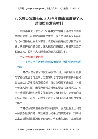 市文明办党组书记2024年民主生活会个人对照检查发言材料（四个带头+意识形态）