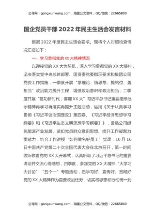 企党员干部2022年民主生活会发言材料