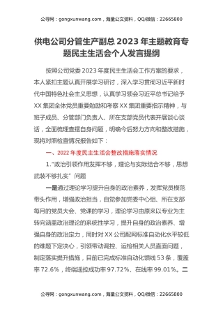 供电公司分管生产副总2023年主题教育专题民主生活会个人发言提纲（上年度整改措施落实情况、典型案例剖）