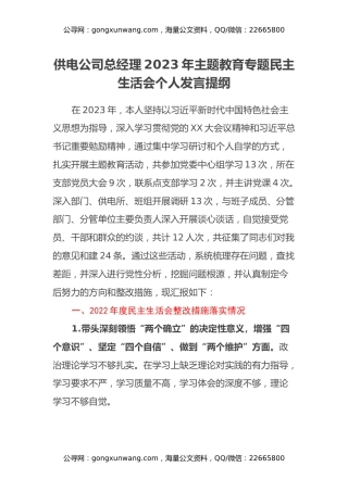 供电公司总经理2023年主题教育专题民主生活会个人发言提纲（上年度整改措施落实情况、典型案例剖析）
