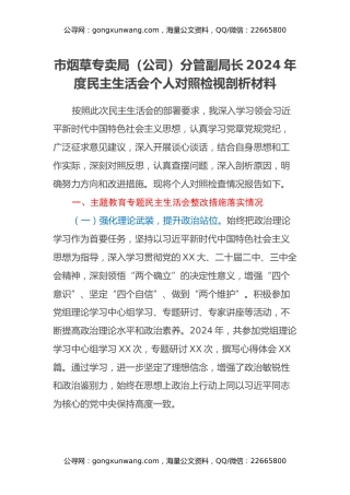 市烟草专卖局（公司）分管副局长2024年度民主生活会个人对照检视剖析材料