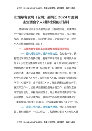 市烟草专卖局（公司）副局长2024年度民主生活会个人对照检视剖析材料