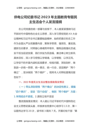 供电公司纪委书记2023年主题教育专题民主生活会个人发言提纲（上年度整改措施落实情况、典型案例剖析）