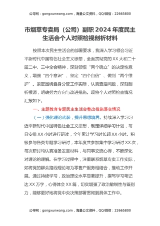 市烟草专卖局（公司）副职2024年度民主生活会个人对照检视剖析材料