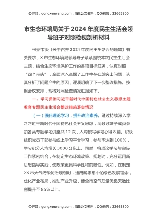 市生态环境局关于2024年度民主生活会领导班子对照检视剖析材料