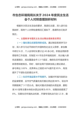 市生态环境局局长关于2024年度民主生活会个人对照查摆剖析材料（主题教育整改措施落实情况+四个带头+违纪行为典型案例剖析）