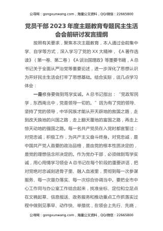 党员干部2023年度主题教育专题民主生活会会前研讨发言提纲