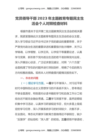 党员领导干部2023年主题教育专题民主生活会个人对照检查材料