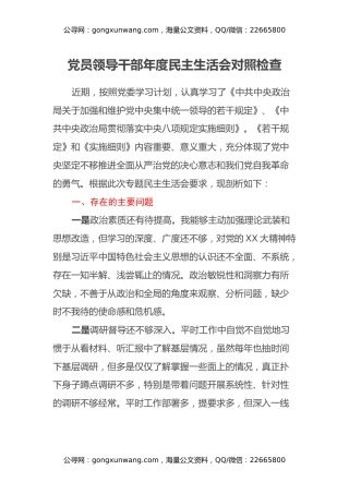 党员领导干部年度民主生活会对照检查