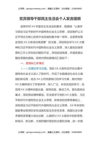 党员领导干部民主生活会个人发言提纲