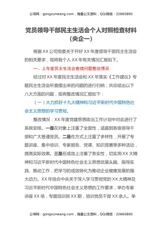 党员领导干部民主生活会个人对照检查材料（央企一）