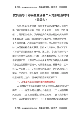 党员领导干部民主生活会个人对照检查材料（央企七）