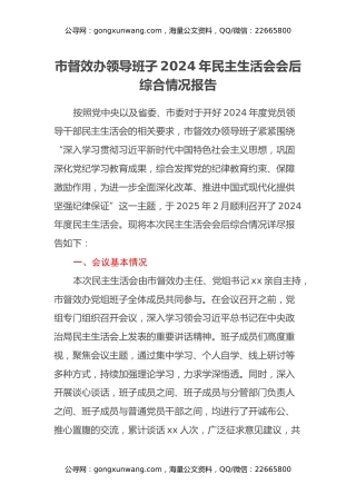 市督效办领导班子2024年民主生活会会后综合情况报告