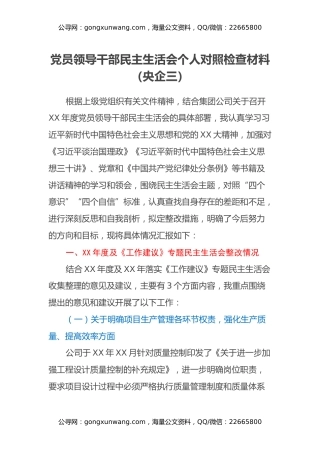 党员领导干部民主生活会个人对照检查材料（央企三）
