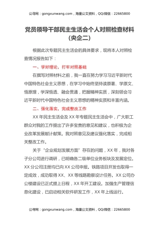 党员领导干部民主生活会个人对照检查材料（央企二）