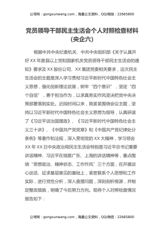 党员领导干部民主生活会个人对照检查材料（央企六）